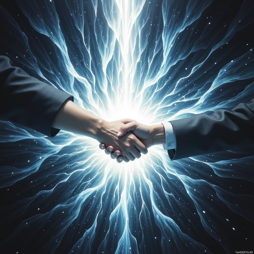 Two hands are clasped together with a radiant, glowing energy effect surrounding them.