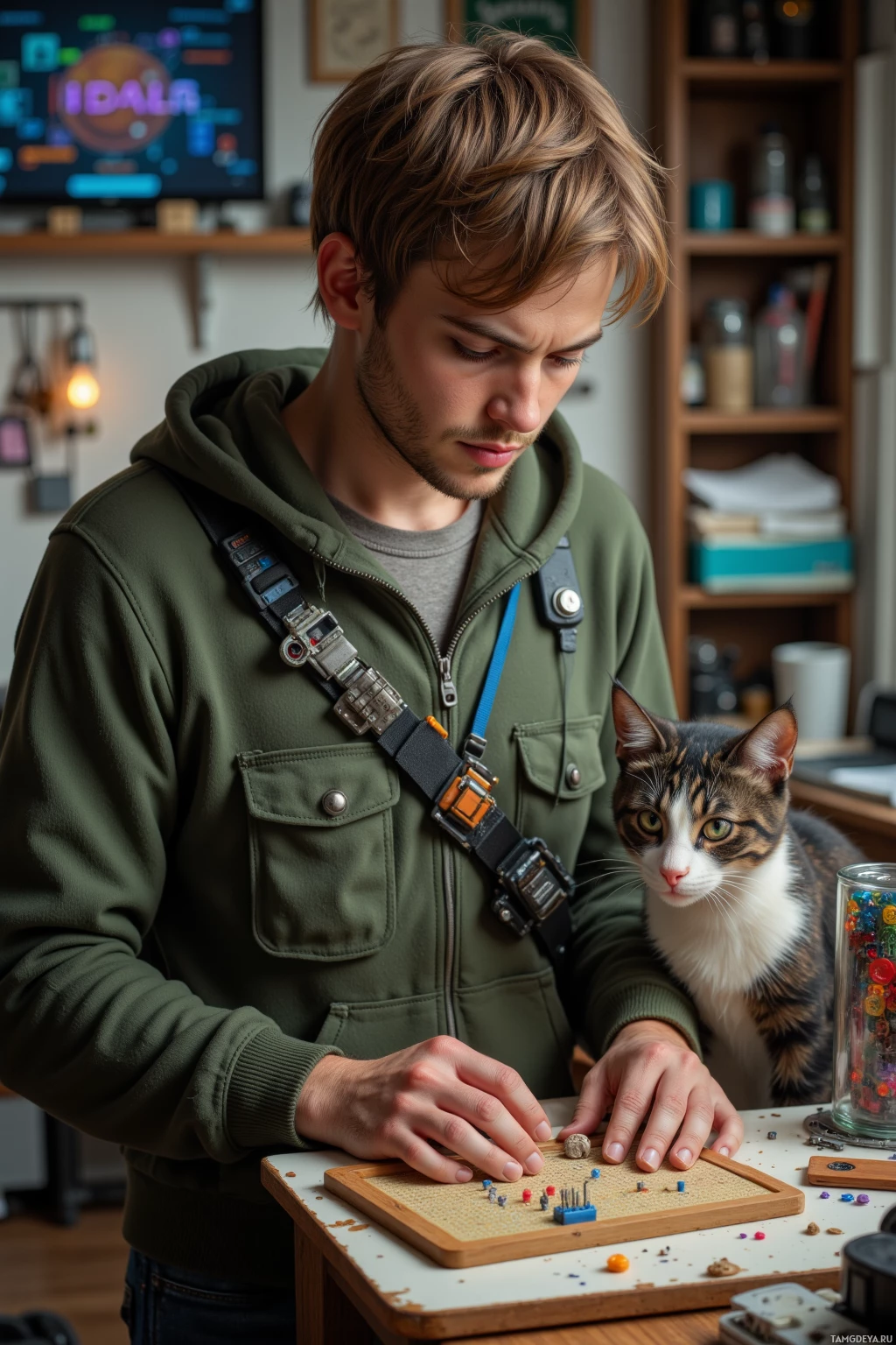 A person wearing a green hoodie and a tool belt is working on a small project with a cat sitting nearby.
