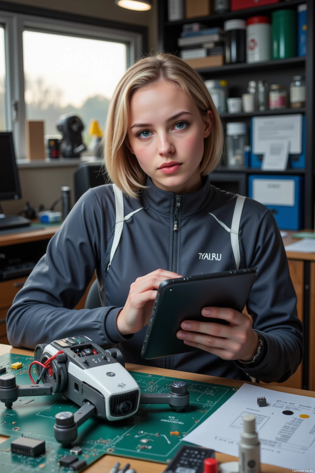 A person wearing a jacket with "TYAI.RU" on it is working on a tablet in a workspace with a drone and circuit board components.