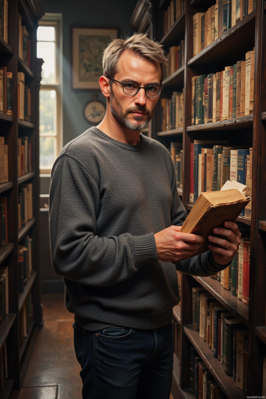 A man in a library holds an old book while wearing glasses and a sweater.