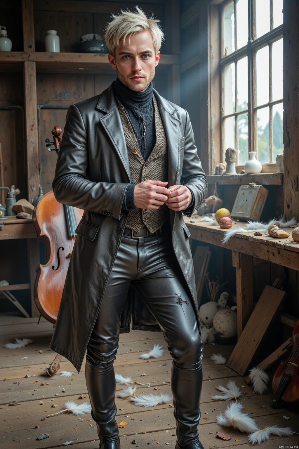 A man in a leather coat and pants stands in a rustic room with a cello and scattered feathers.