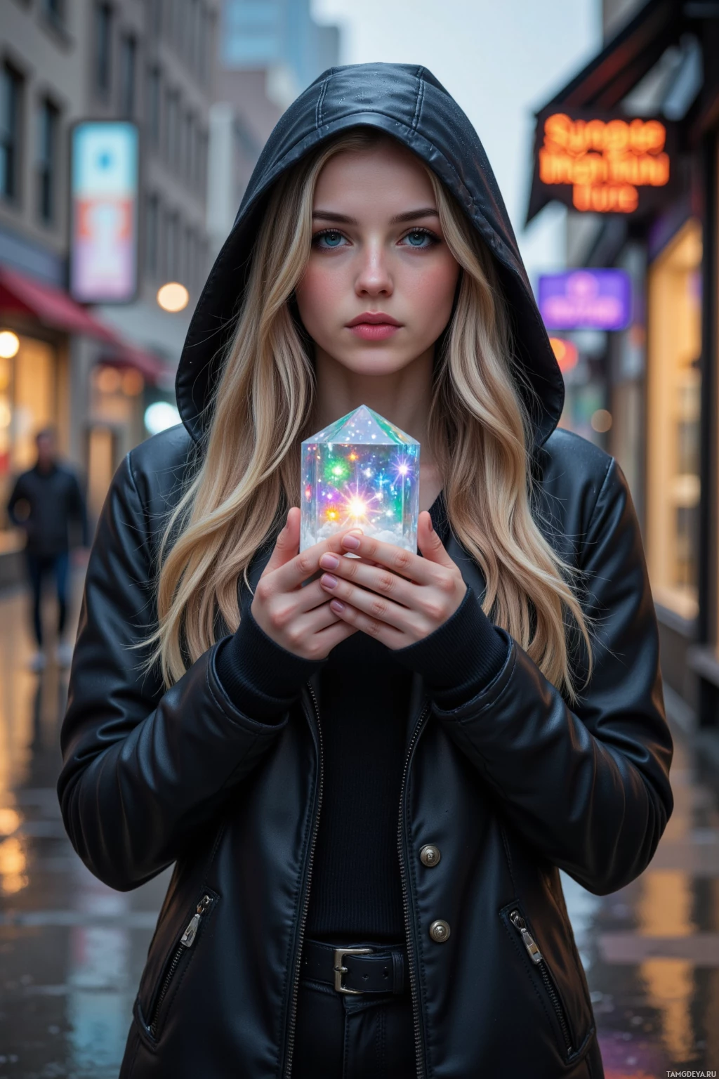A person in a black hooded jacket holds a glowing, colorful crystal in a city street setting.