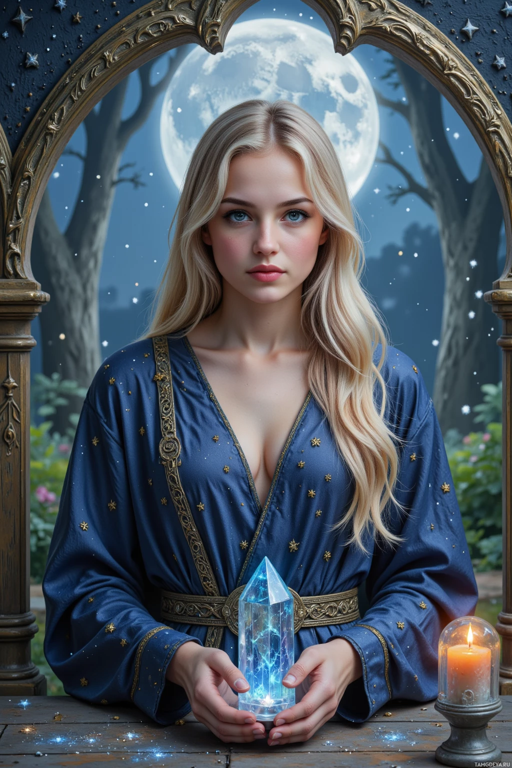 A woman in a blue robe holds a glowing crystal in front of a moonlit forest backdrop.