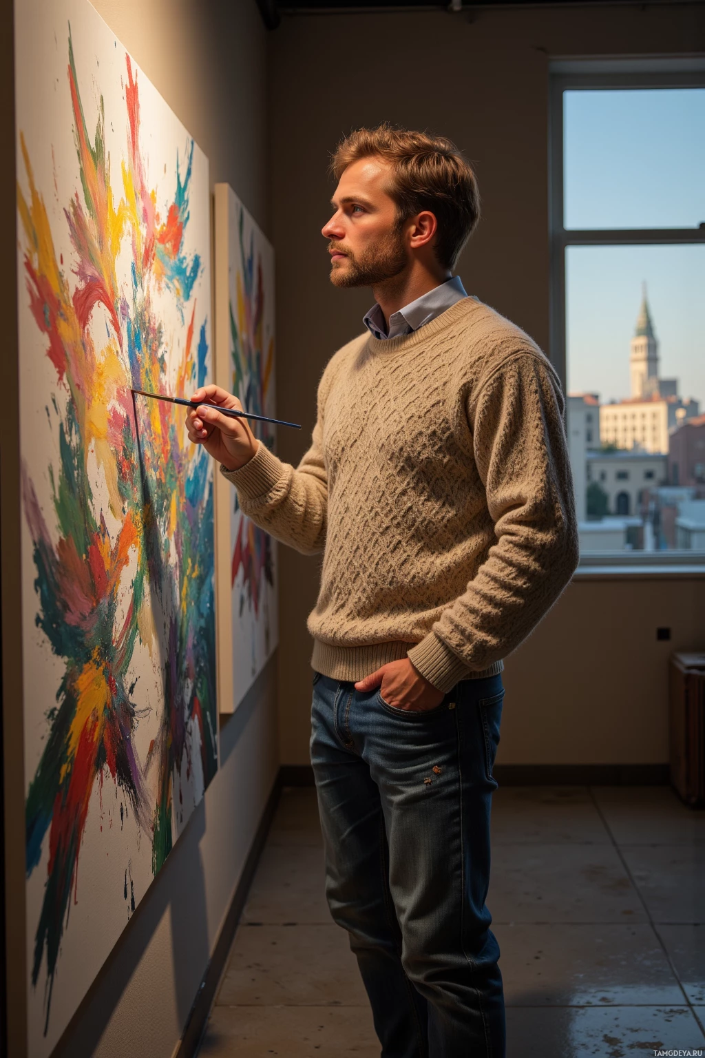 A man in a sweater and jeans stands in a room, holding a paintbrush and looking at a colorful abstract painting on the wall.
