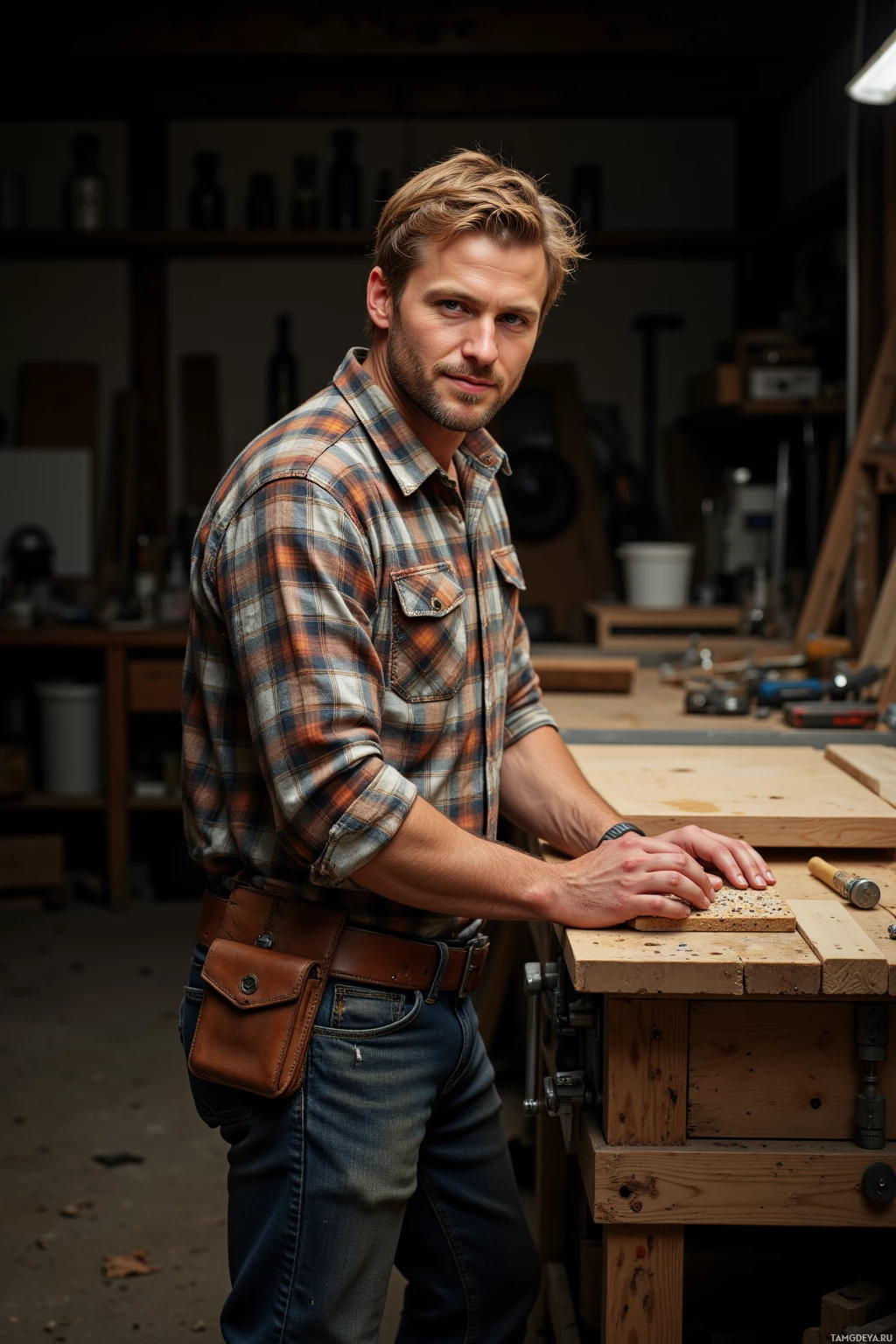 A man in a plaid shirt and jeans stands in a workshop, leaning on a workbench.