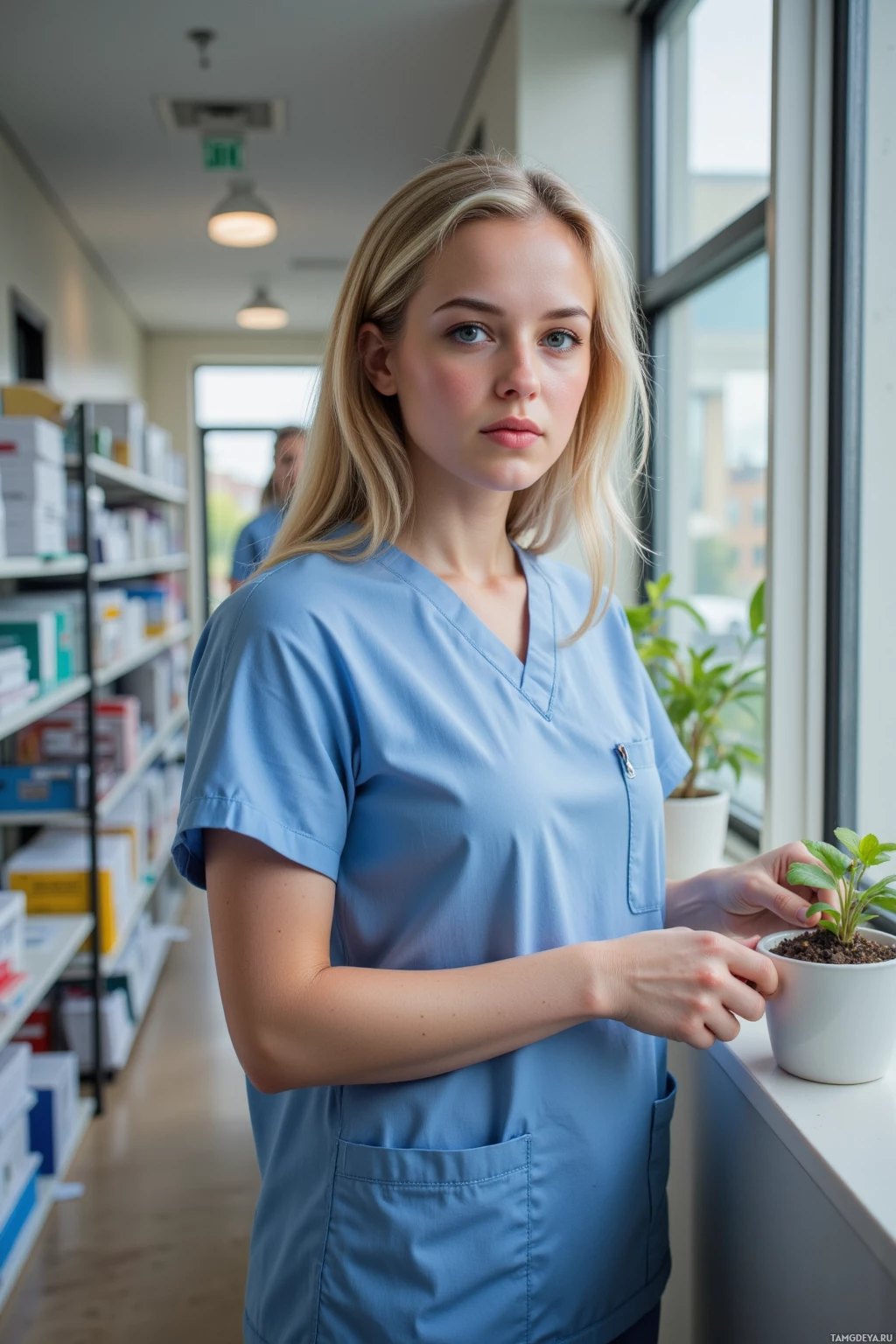 A person in blue scrubs stands in a medical setting, holding a small potted plant.