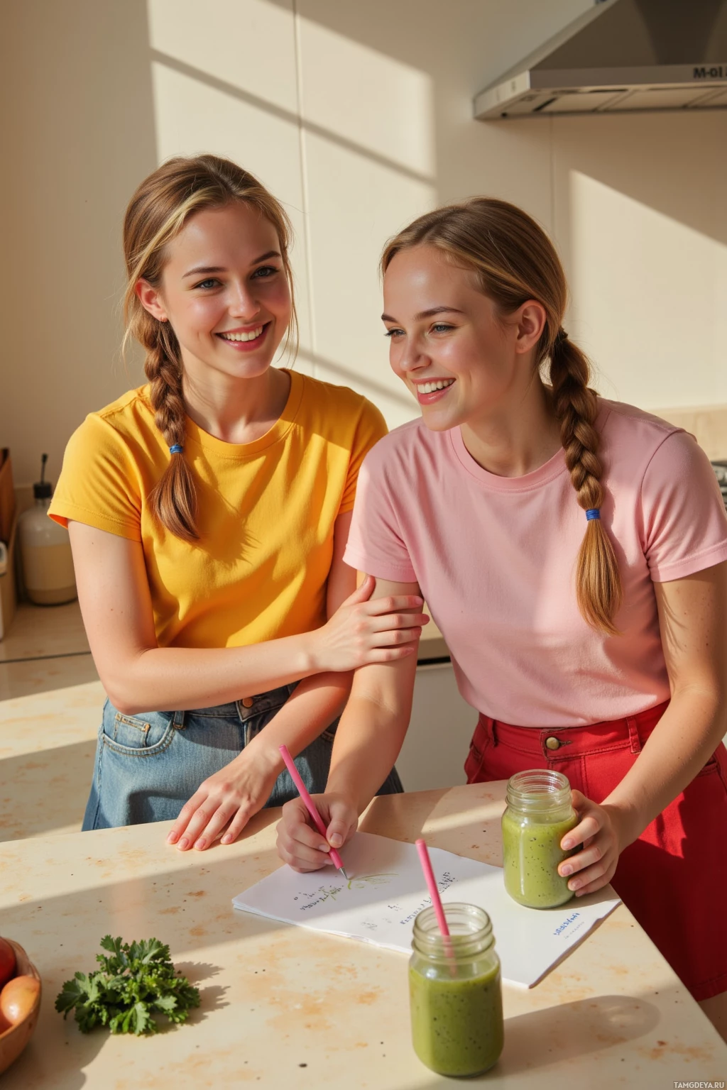 Two individuals in a kitchen setting, one holding a green smoothie and the other writing on a piece of paper.