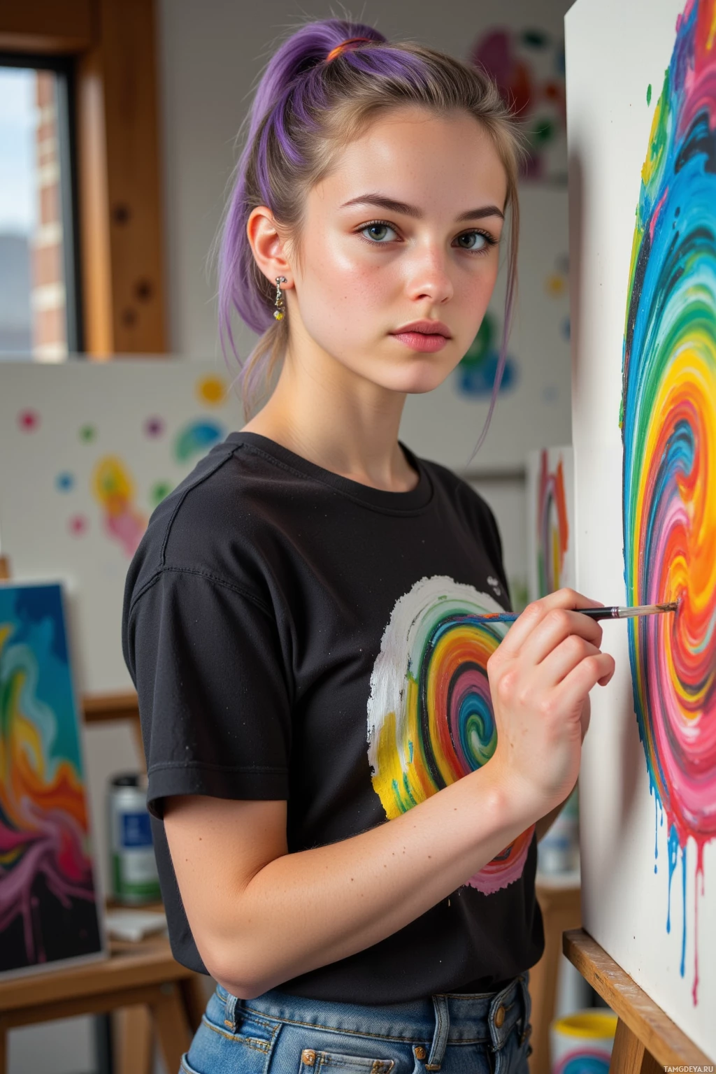 A person wearing a black shirt with a colorful swirl design is painting on an easel in an art studio setting.