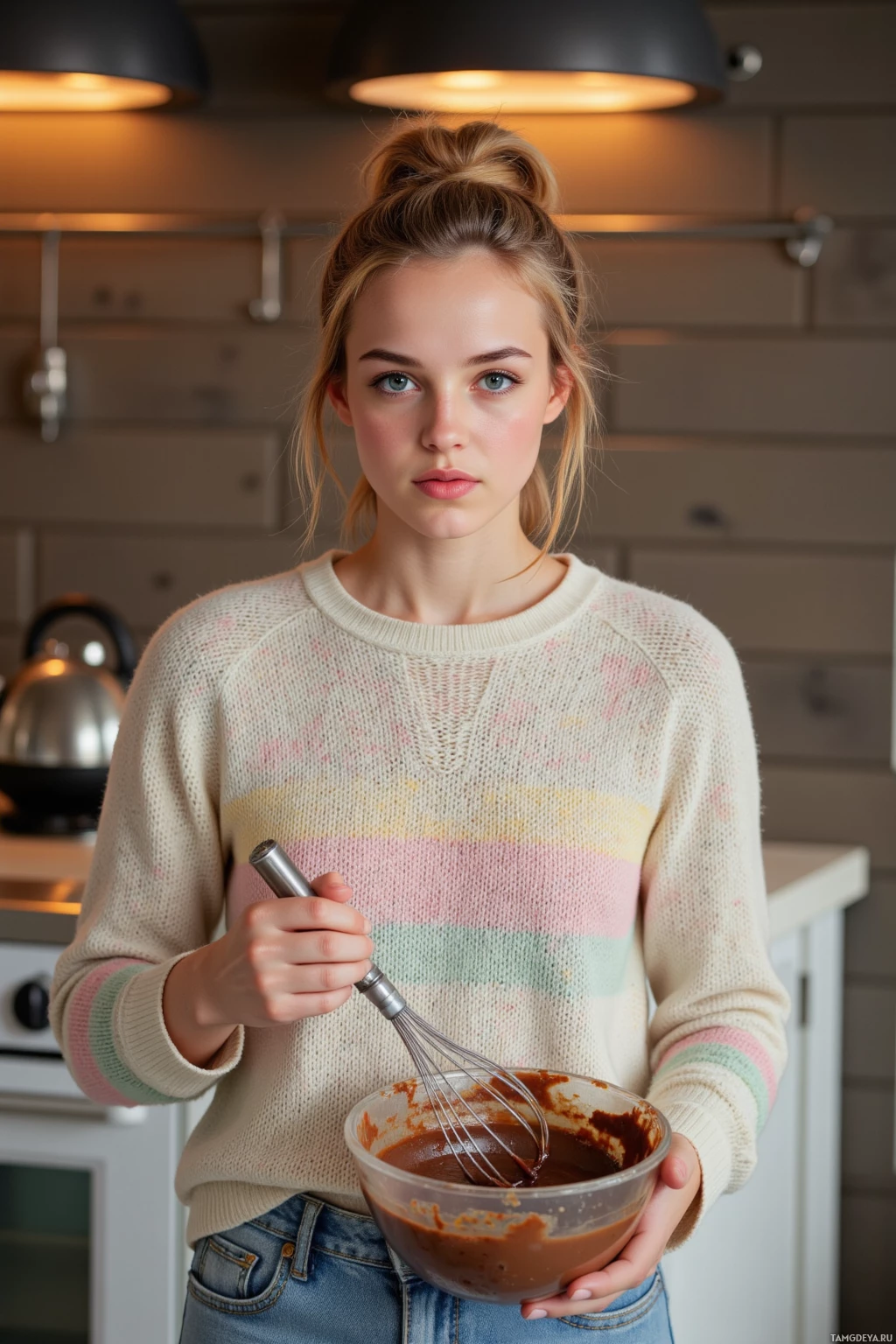 A person in a kitchen holds a bowl of chocolate mixture and a whisk.