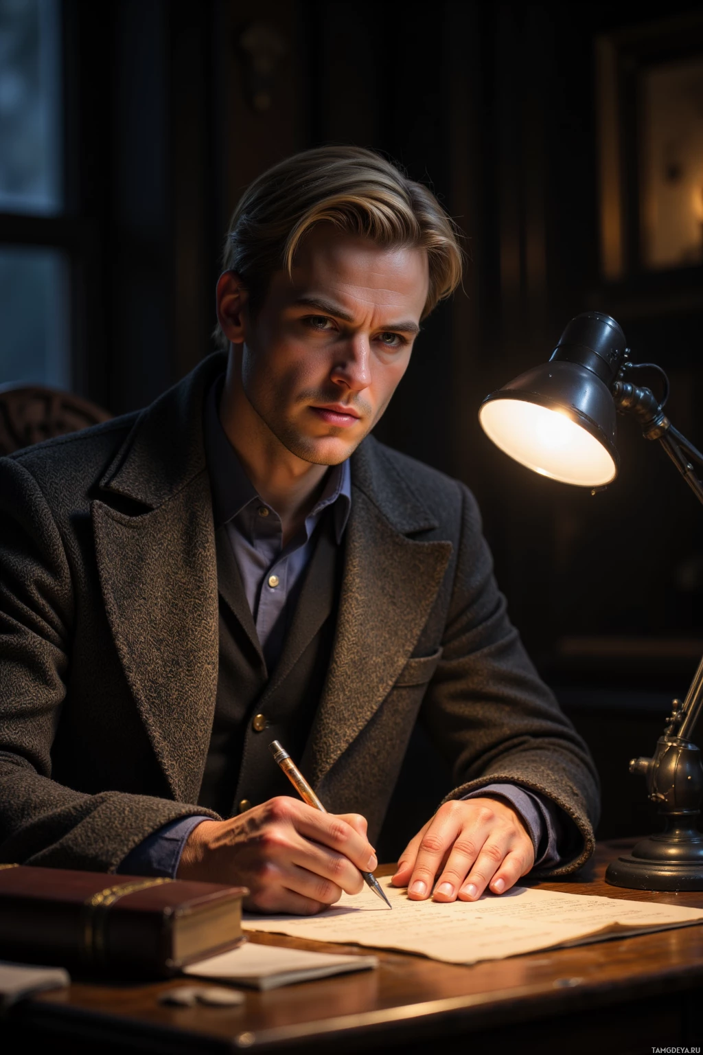 A man is sitting at a desk writing with a pen under a lamp in a dimly lit room.