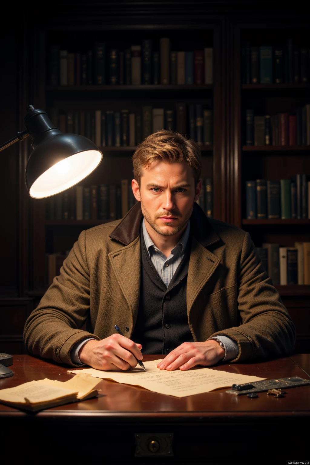 A man in a brown jacket sits at a desk, writing with a pen under a lamp in a library setting.