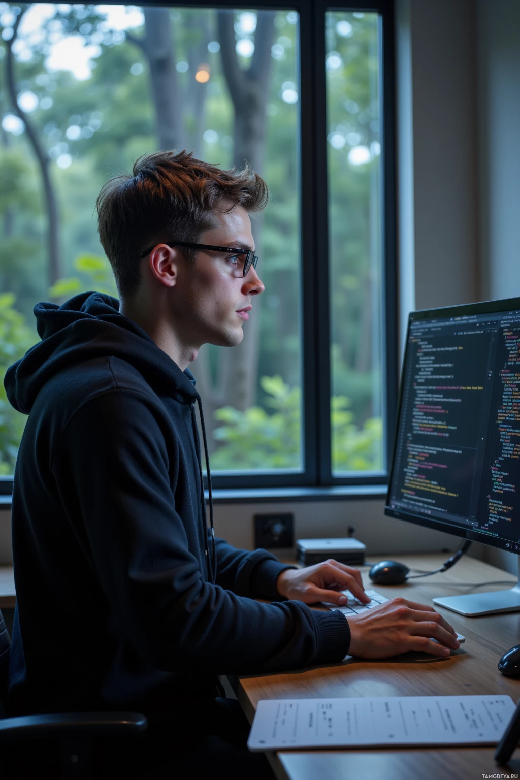 A person wearing glasses works on a computer with code visible on the screen.