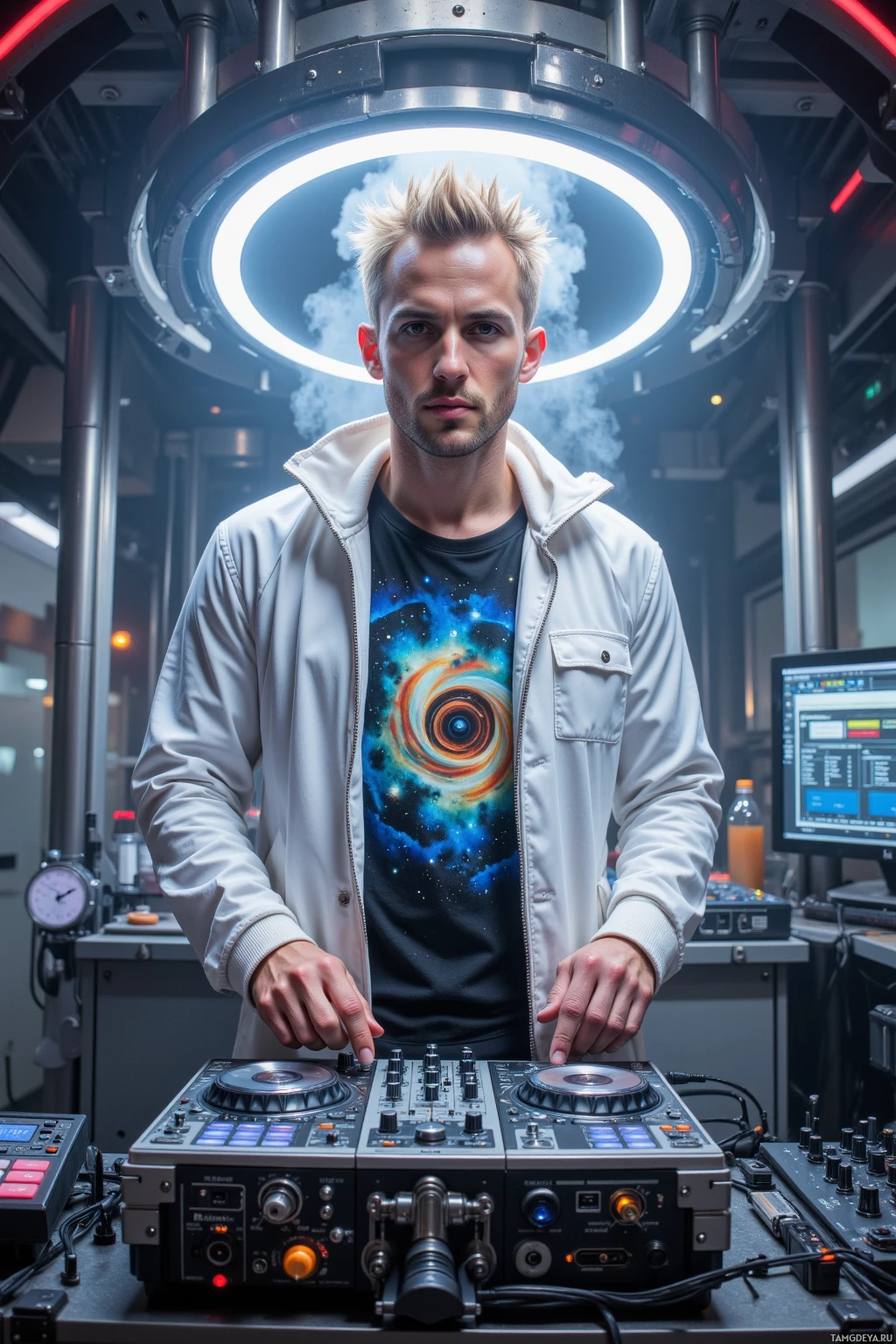 A person stands behind a DJ mixer in a futuristic setting with a glowing circular light above.