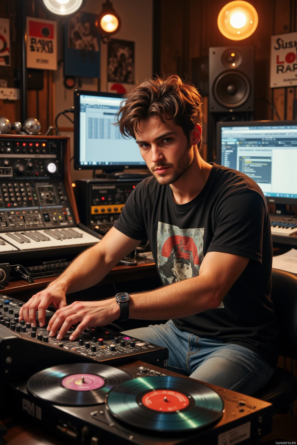 A person is seated at a music production setup with turntables and mixing equipment in a warmly lit studio environment.