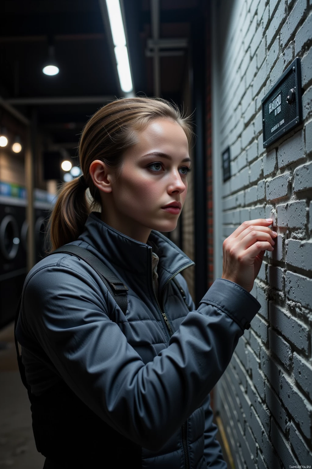 A person in a dark jacket presses a button on a brick wall.