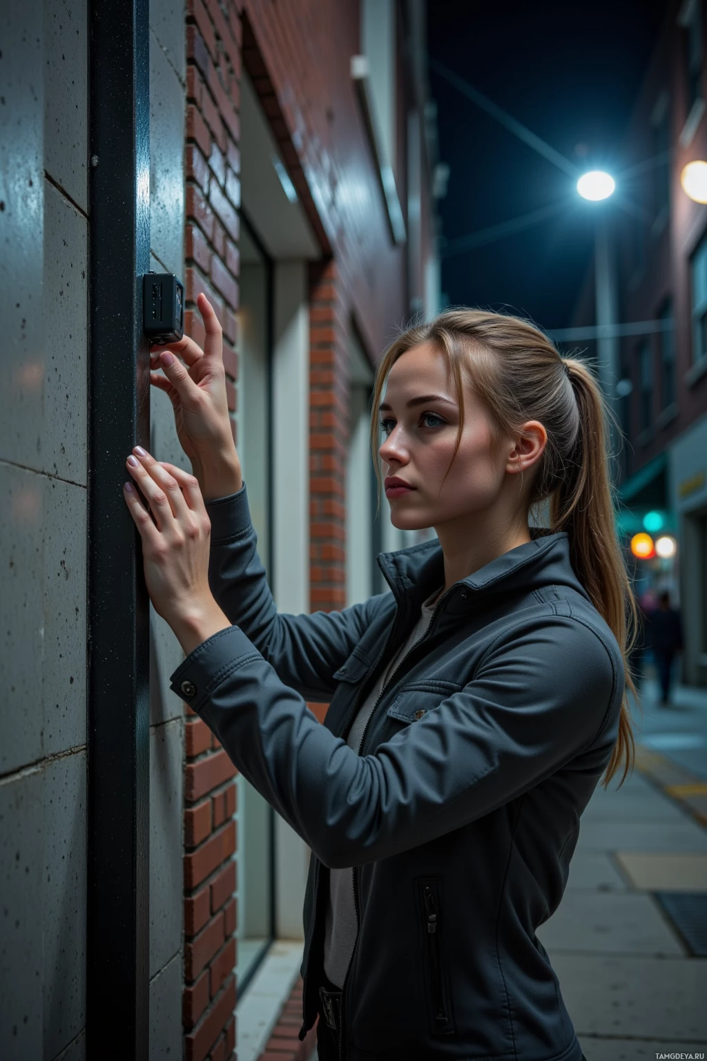 A person in a dark jacket is adjusting something on a brick wall at night.