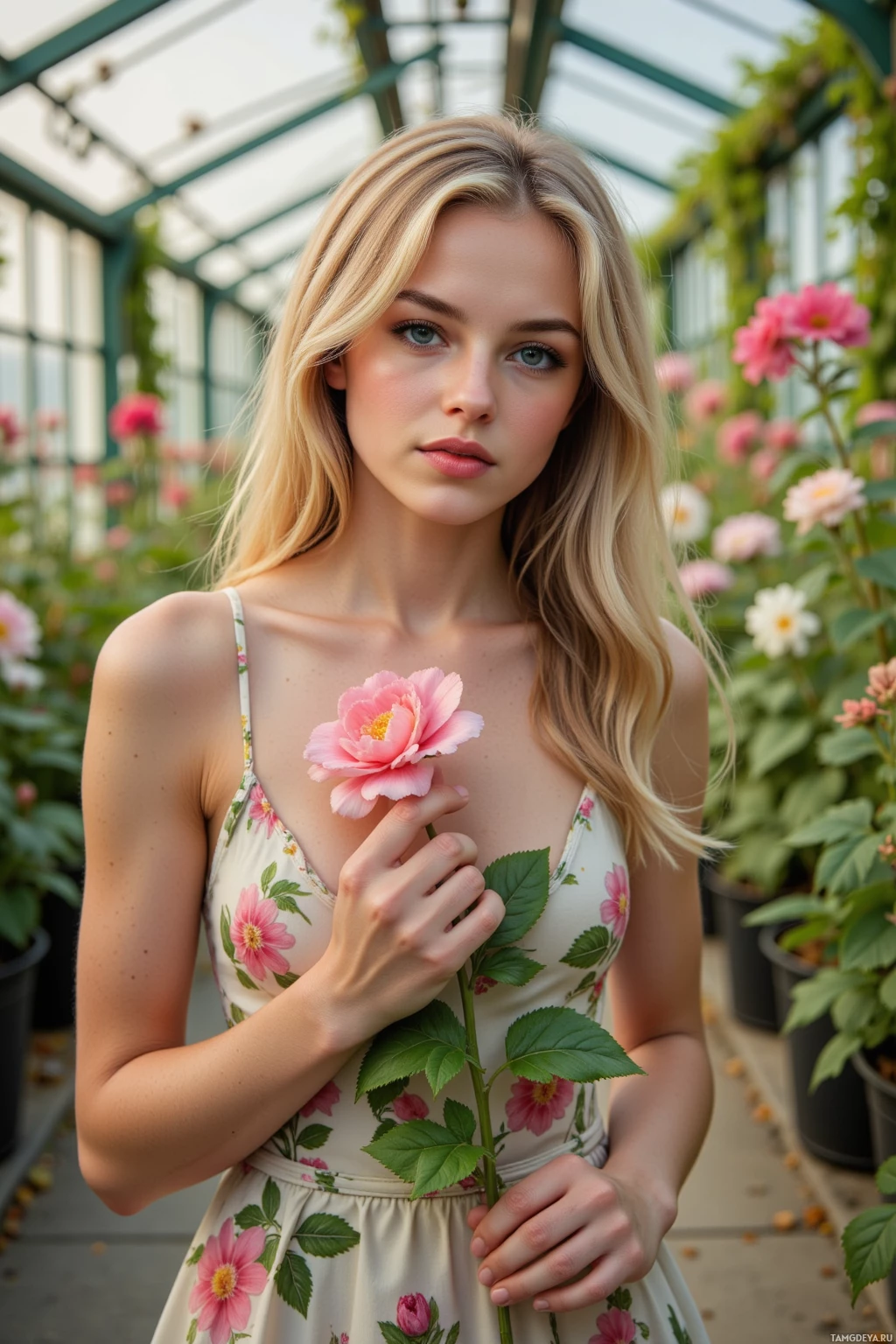 A woman in a floral dress holds a pink flower in a greenhouse.
