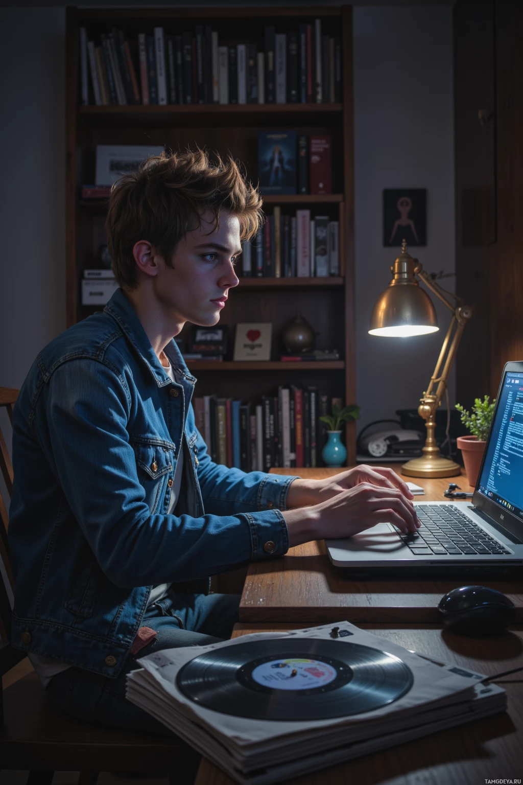 A person in a denim jacket is sitting at a desk working on a laptop with a lamp providing light.