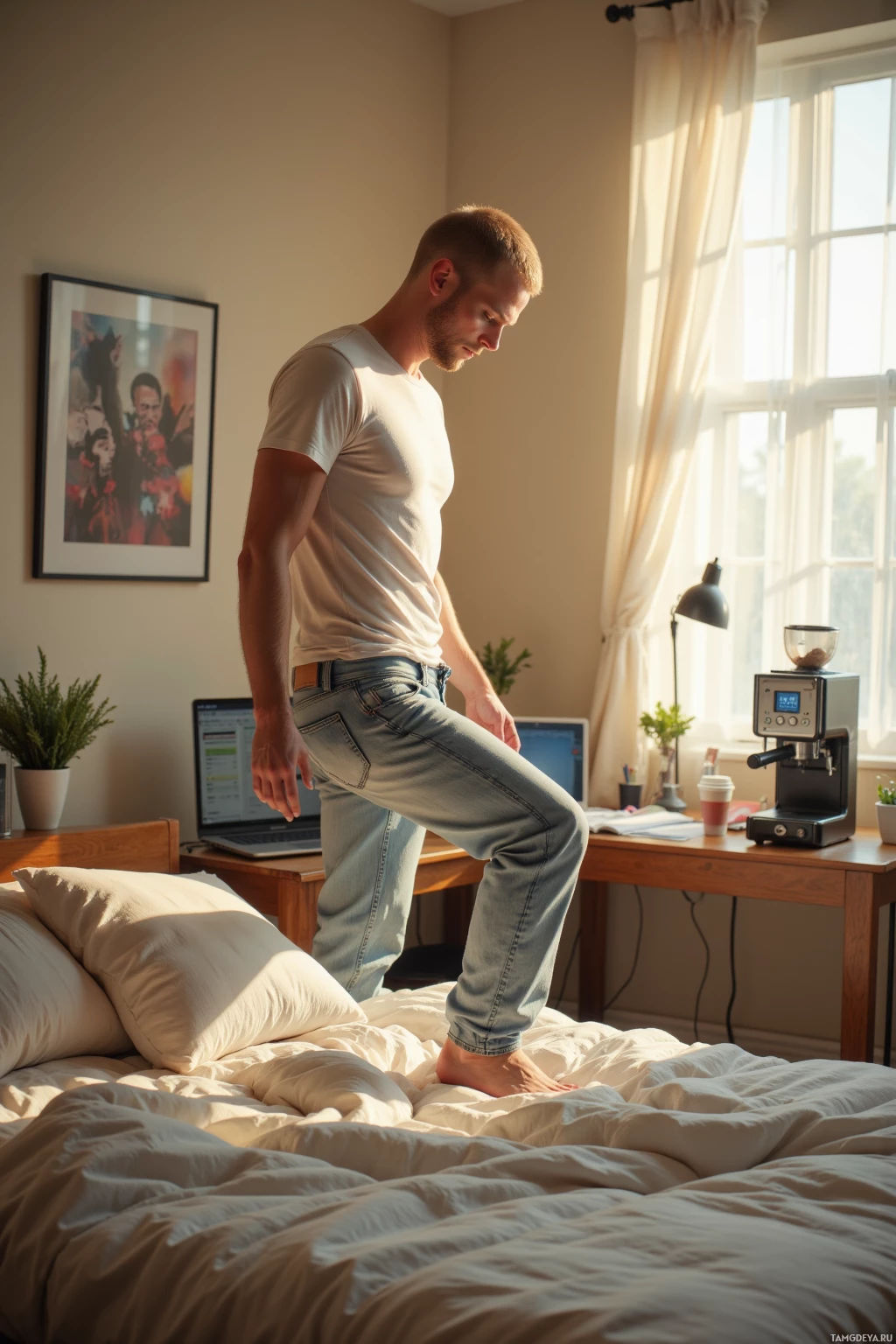 A person stands on a bed in a bedroom with sunlight streaming through the window.