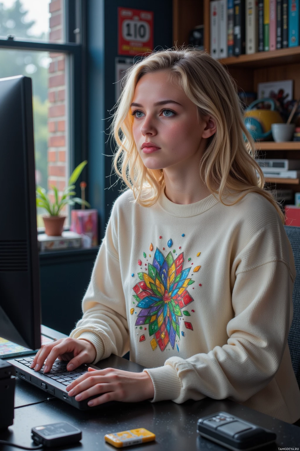 A person wearing a cream-colored sweater with a colorful floral design is sitting at a desk using a laptop.
