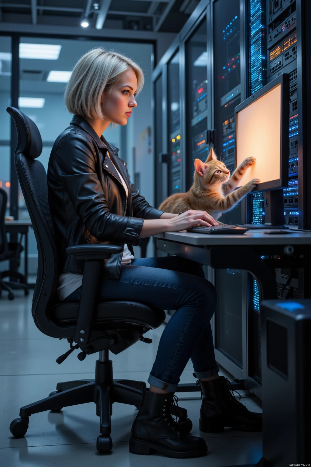 A person in a leather jacket works at a computer in a server room, accompanied by a cat.