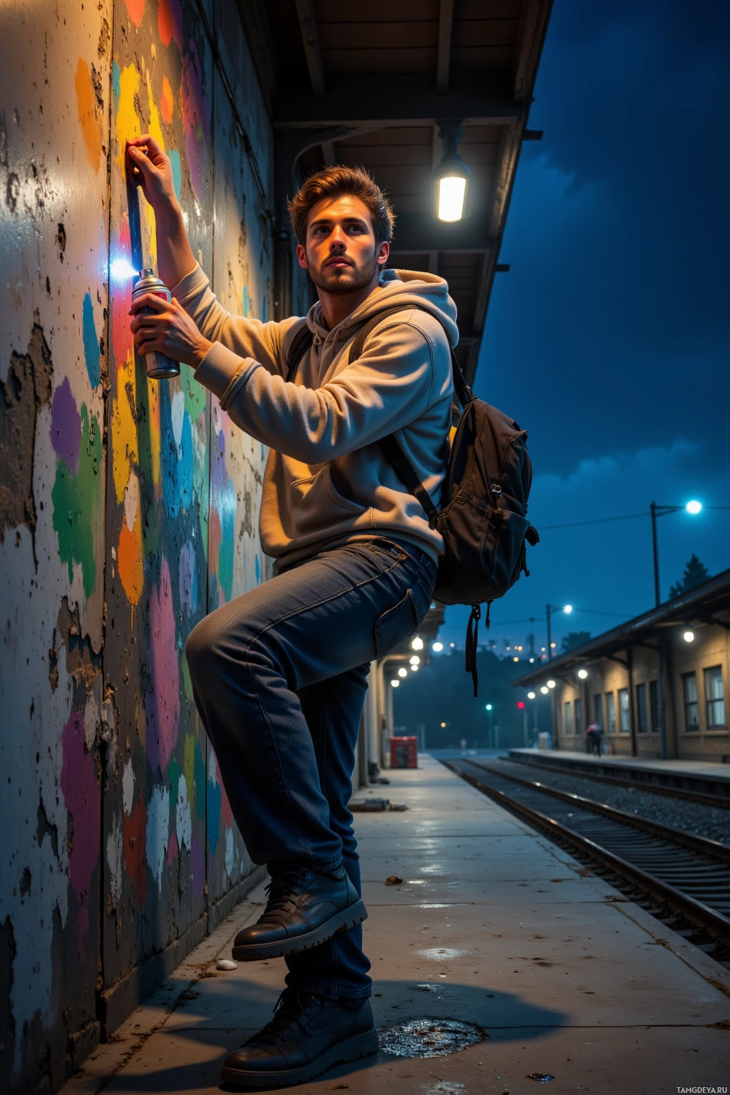 A person leans against a graffiti-covered wall at a train station platform during twilight.