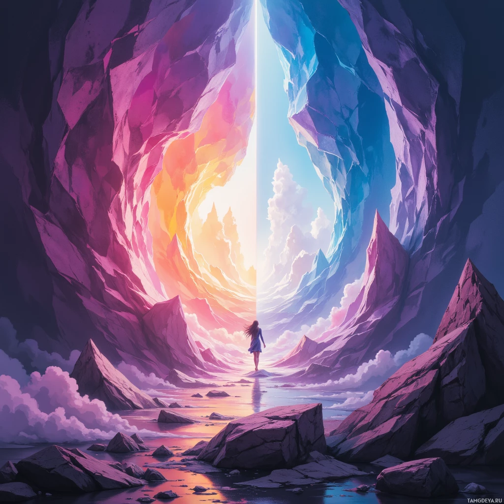A person stands at the entrance of a vibrant, colorful cave with contrasting hues and reflections in the water below.