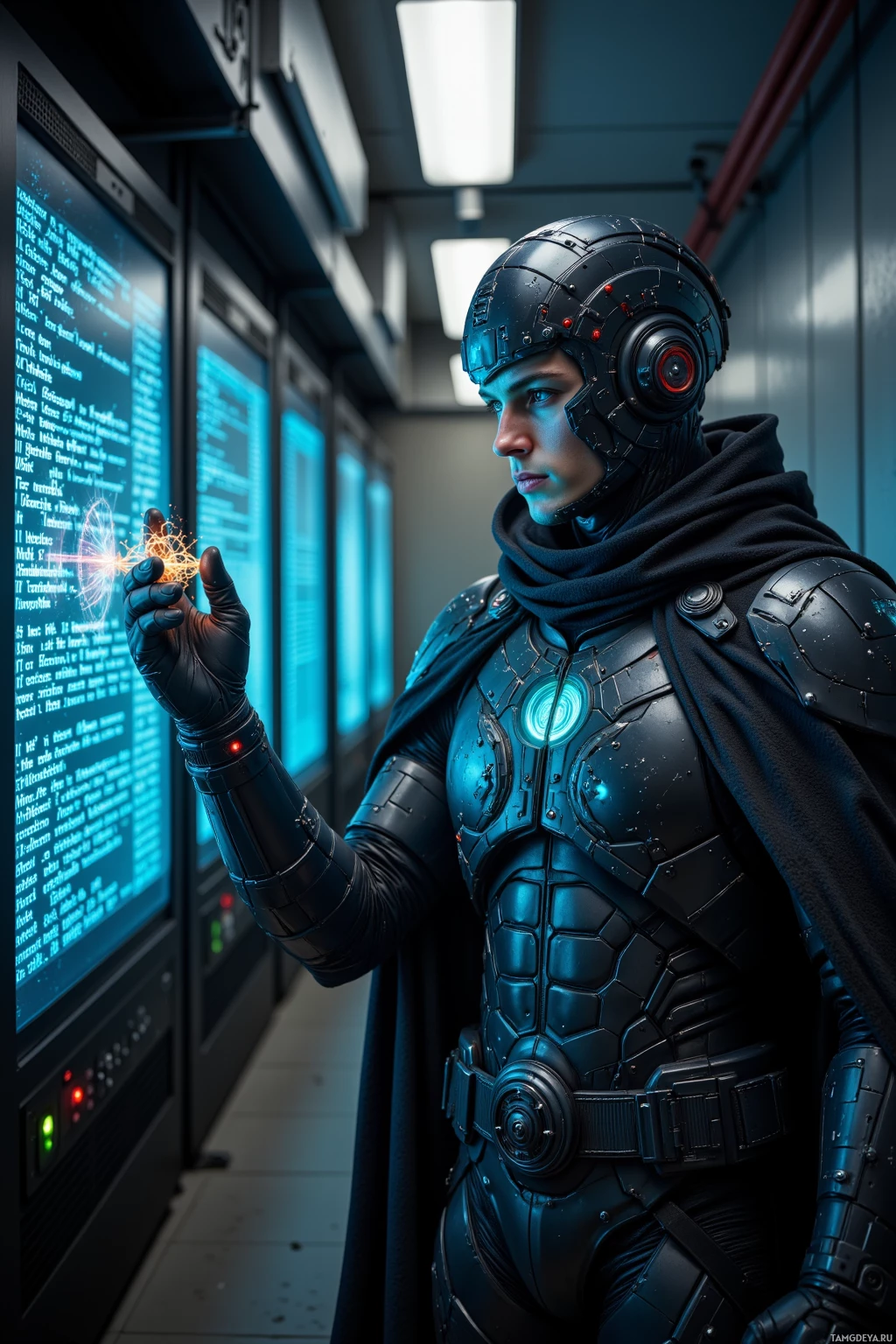 A futuristic individual in a high-tech suit stands in a dimly lit corridor, interacting with a glowing interface.