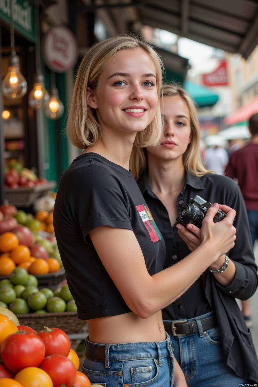 Two individuals stand in front of a fruit stall at an outdoor market, with one holding a camera and smiling while the other looks on.