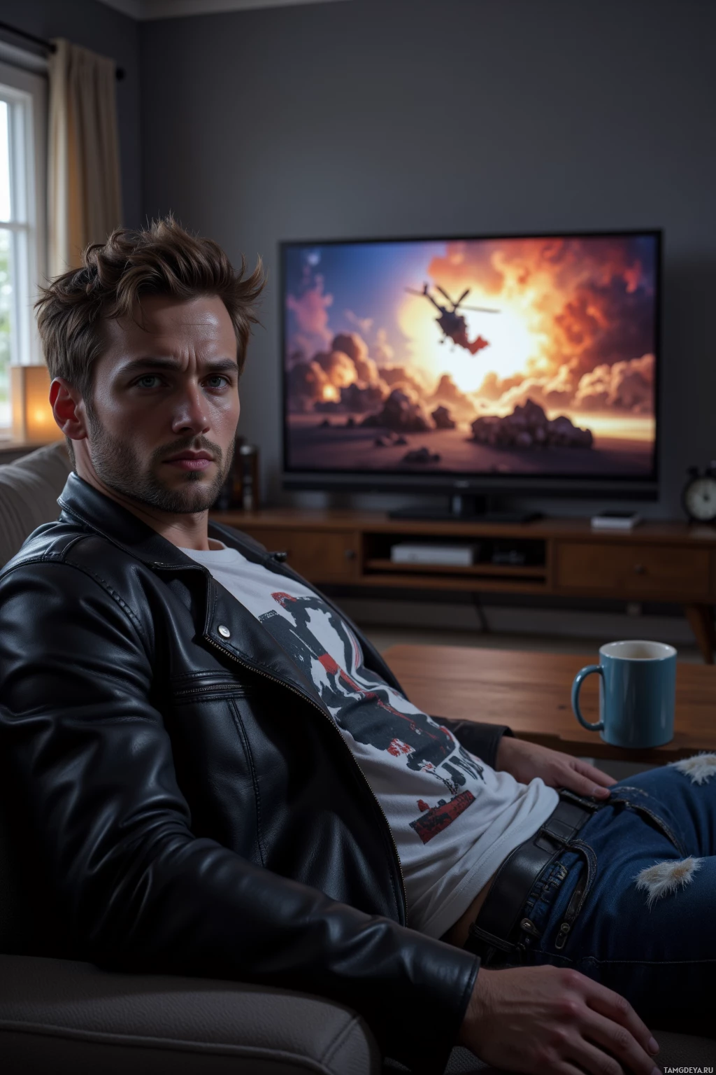 A man in a leather jacket and graphic t-shirt sits on a couch, watching a TV showing a dramatic scene.