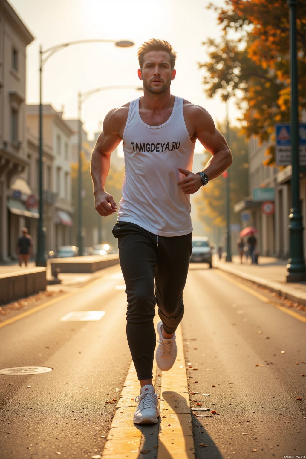 A man is running on a city street wearing a white tank top and black pants.