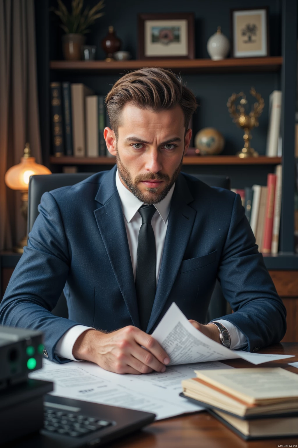 A man in a suit sits at a desk with papers and a laptop, looking serious.