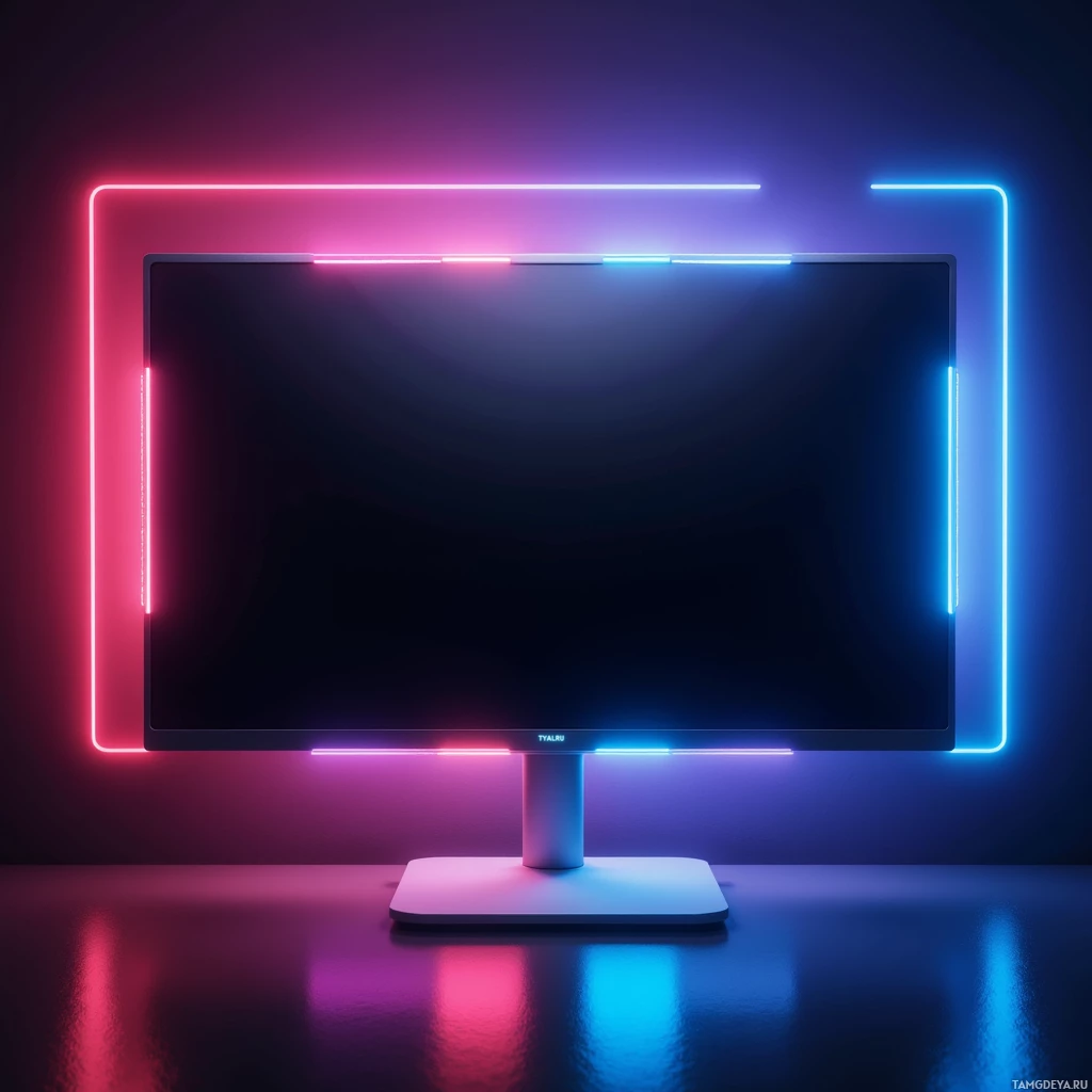 A computer monitor is framed by neon lights in red and blue against a dark background.