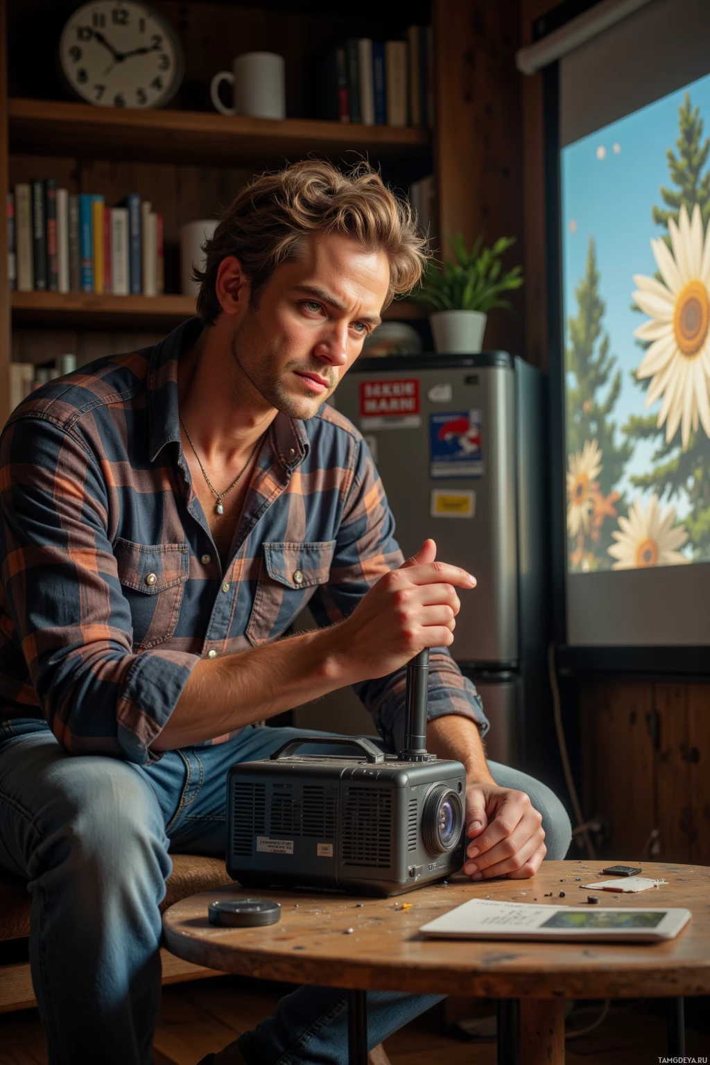 A man sits in a cozy room, holding a small projector, with a bookshelf and a large screen displaying a nature scene in the background.