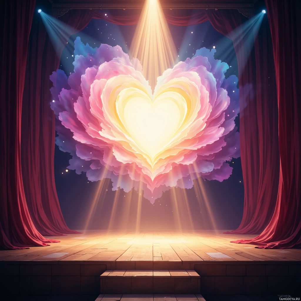 A stage with red curtains and a glowing heart-shaped cloud in the center.