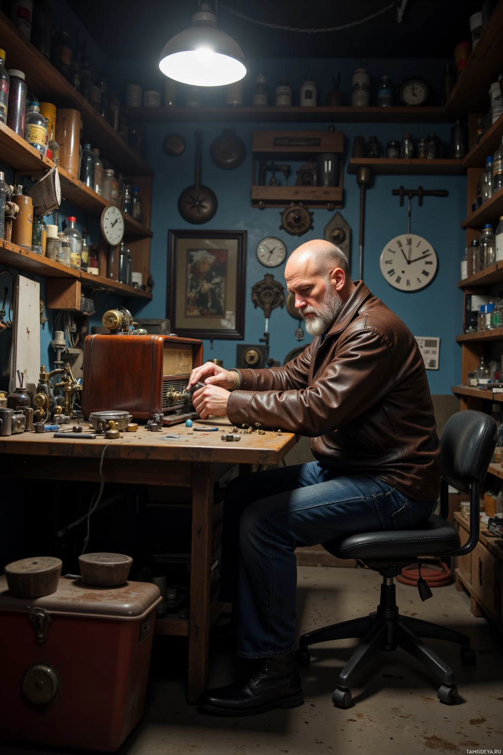 A man in a workshop is working on a vintage radio.