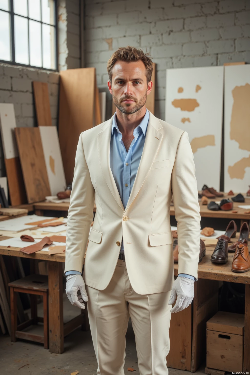A man in a cream suit and white gloves stands in a workshop.