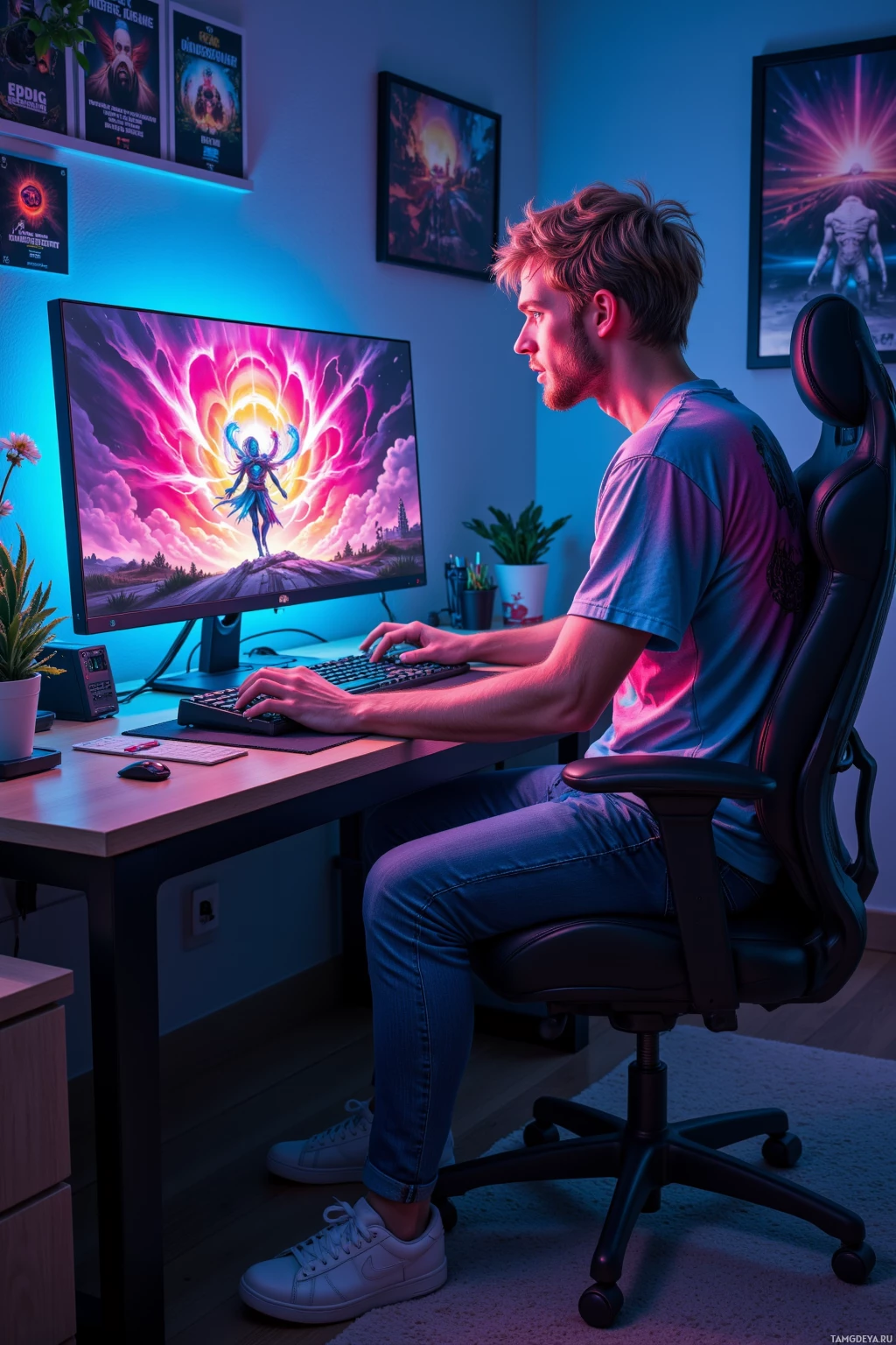 A person is sitting at a desk in a dimly lit room, working on a computer with a vibrant, colorful wallpaper on the screen.