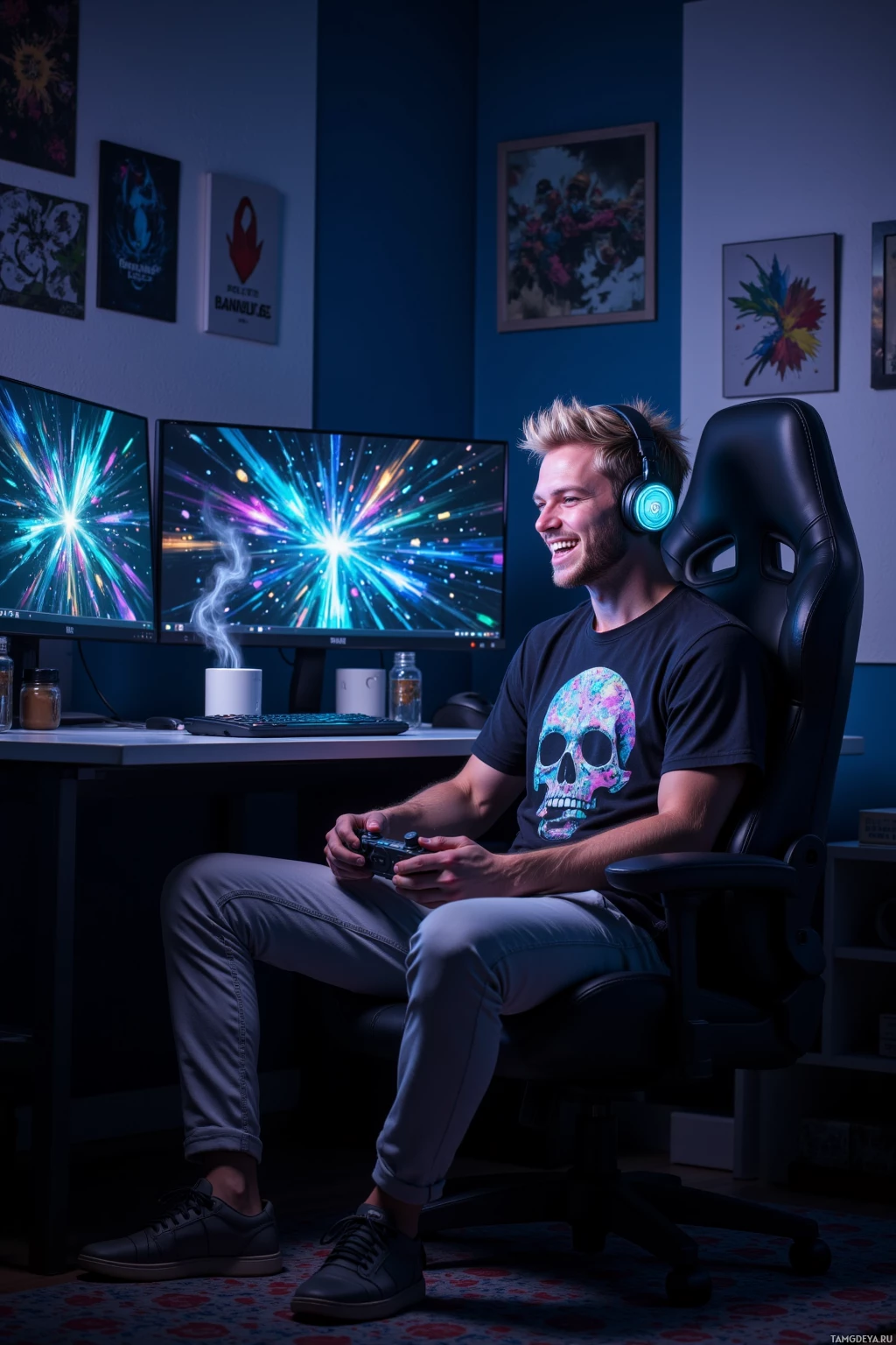 A person is sitting in an office chair playing video games with two monitors displaying colorful graphics behind them.