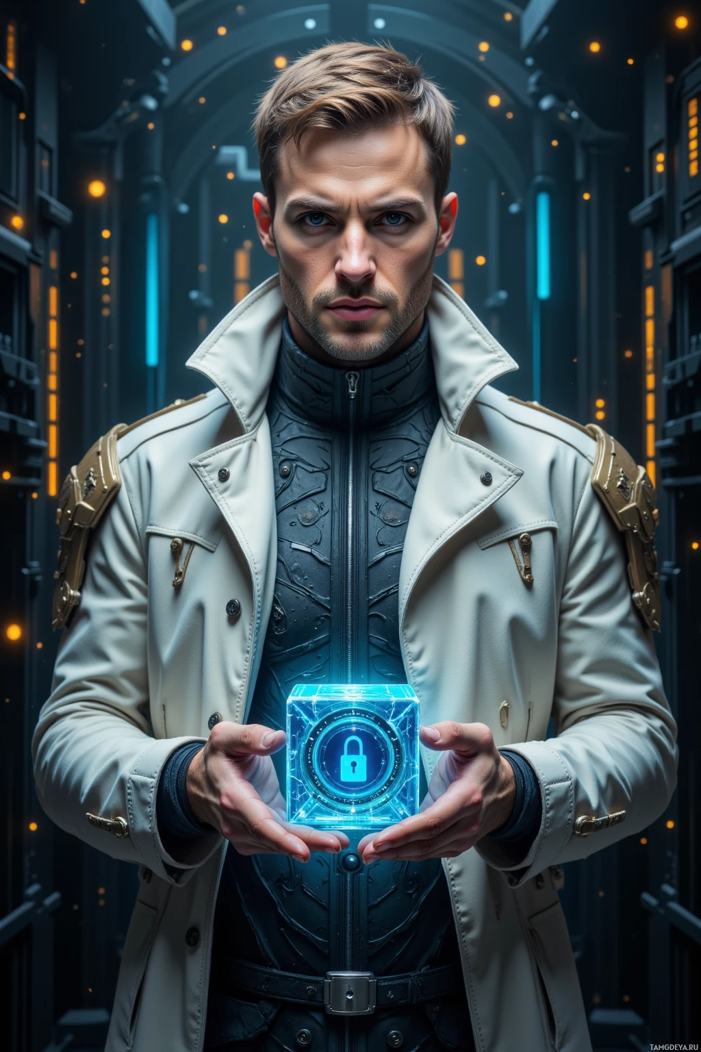 A person in a futuristic outfit holds a glowing, secure-looking device in a high-tech environment.