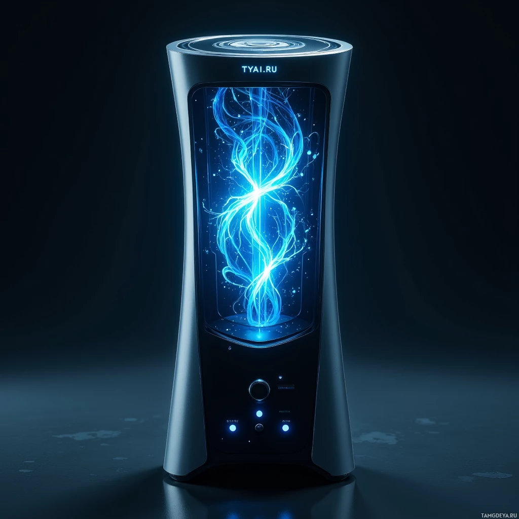 A futuristic device with glowing blue energy inside is displayed against a dark background.