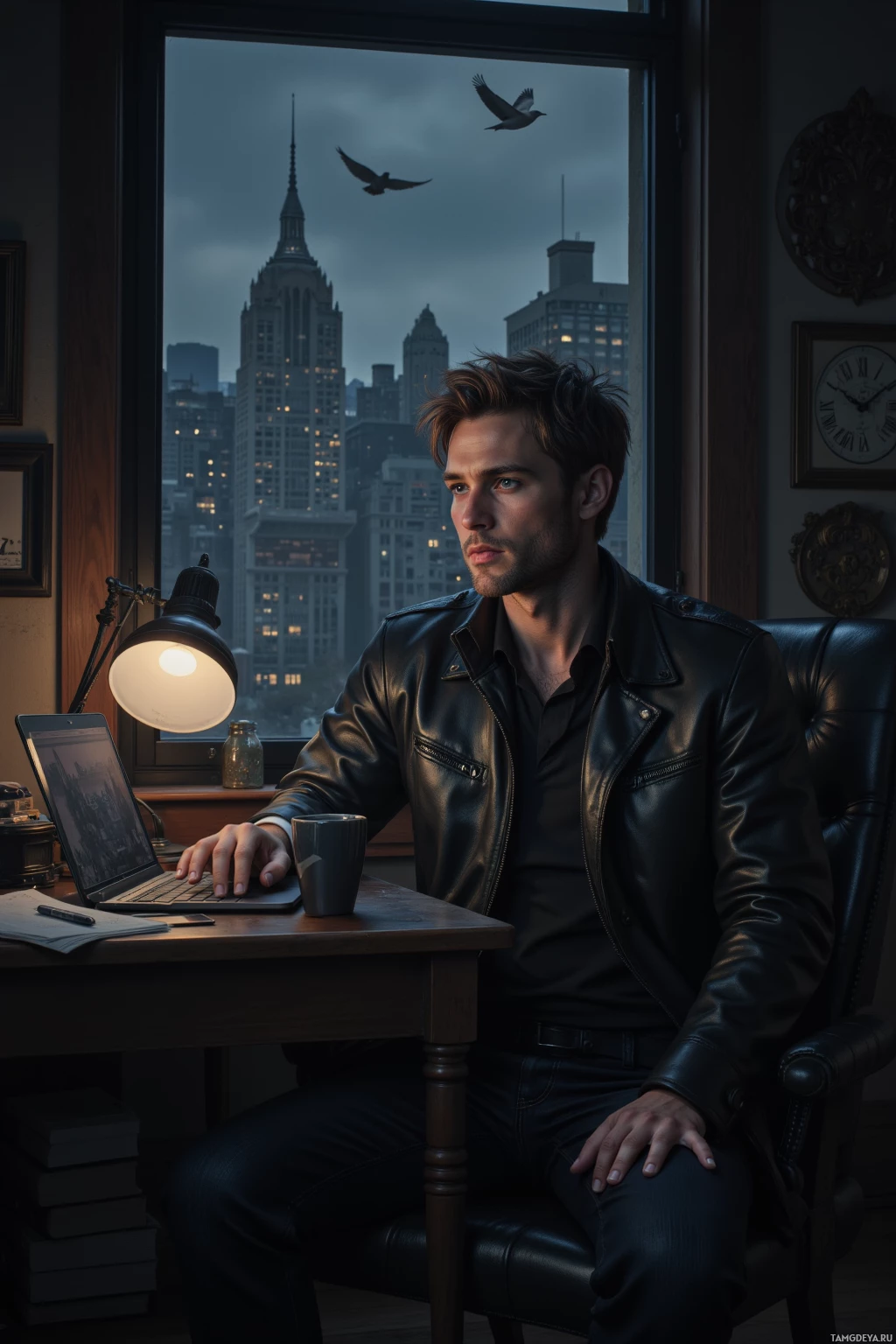A man in a leather jacket sits at a desk with a laptop, looking out a window at a cityscape.