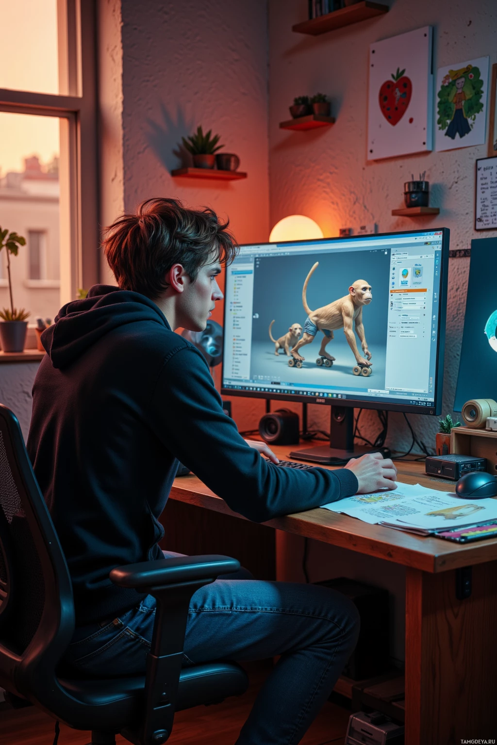 A person is working on a computer with an image of a monkey and puppy on roller skates displayed on the screen.