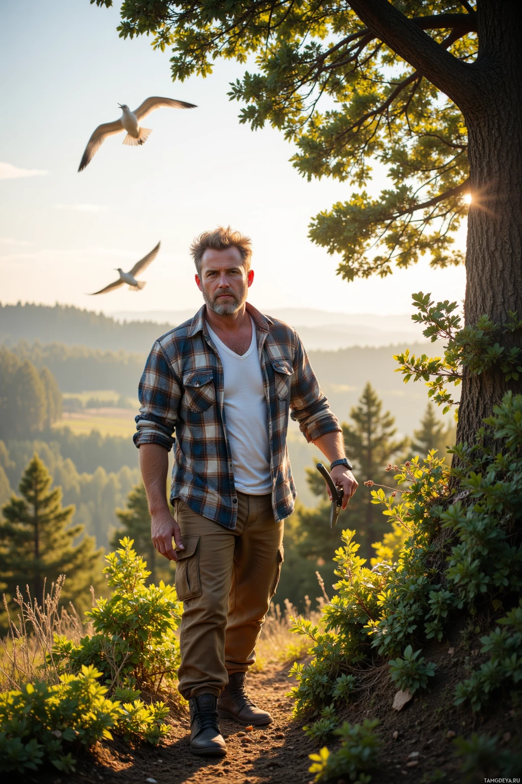 A man stands outdoors in a plaid shirt and cargo pants, holding a knife, with a bird flying above and a scenic landscape in the background.