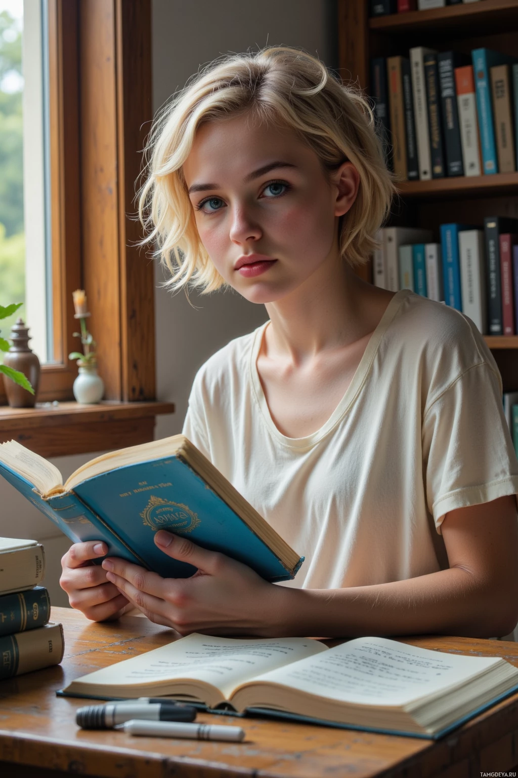 A person is reading a book at a desk with a stack of books and pens nearby.