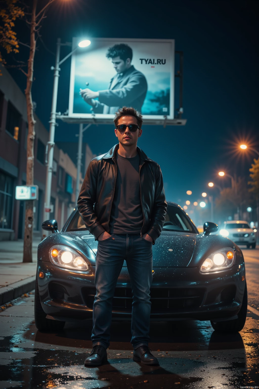 A man stands confidently in front of a sleek sports car at night, illuminated by streetlights.