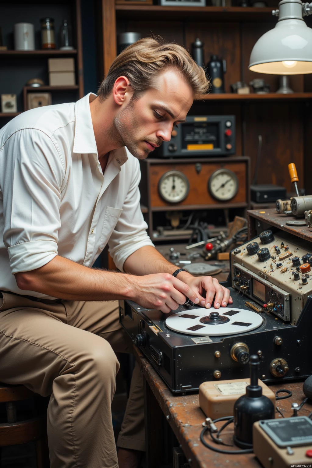 A man is working on a vintage reel-to-reel tape recorder in a workshop setting.