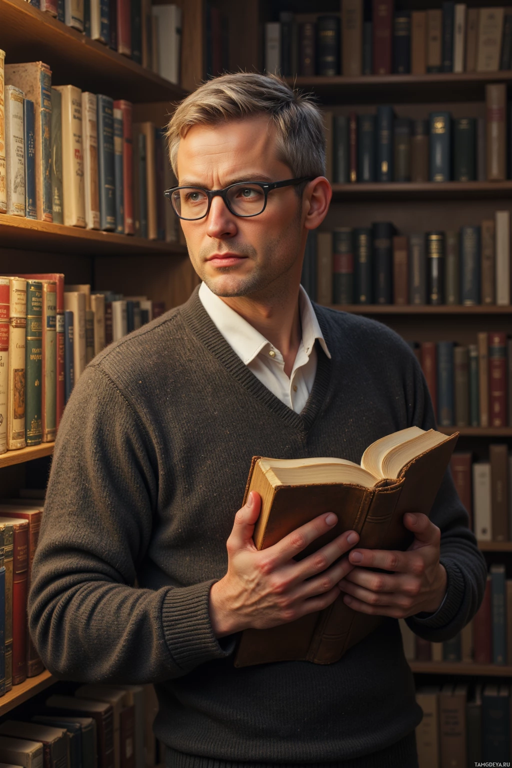 A man in glasses and a sweater holds an open book while standing in front of shelves filled with books.
