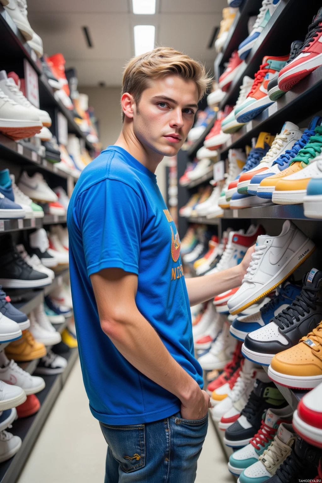 A person in a blue shirt stands in a shoe store aisle.