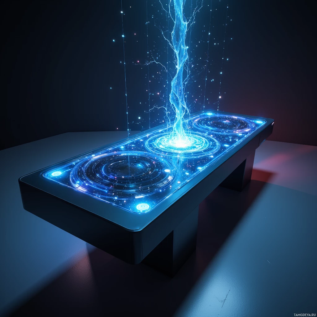 A glowing, futuristic table with swirling blue light patterns and energy streams rising from its surface.